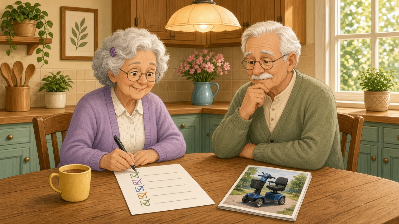 Cartoon of older adults at a kitchen table reviewing a mobility scooter decision, with a checklist and a brochure of a blue 4-wheel scooter.