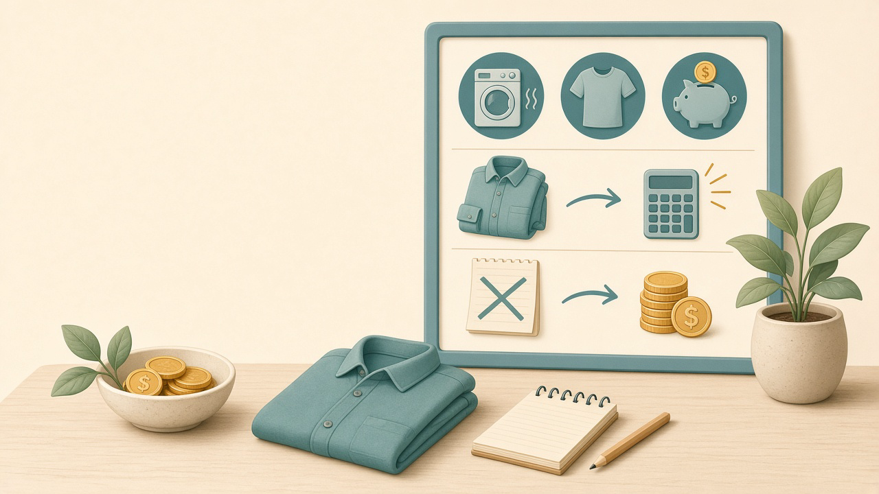 Cartoon decision scene: crisp shirt after dryer, crossed-out dry-cleaning costs, and a worth-it calculator motif.