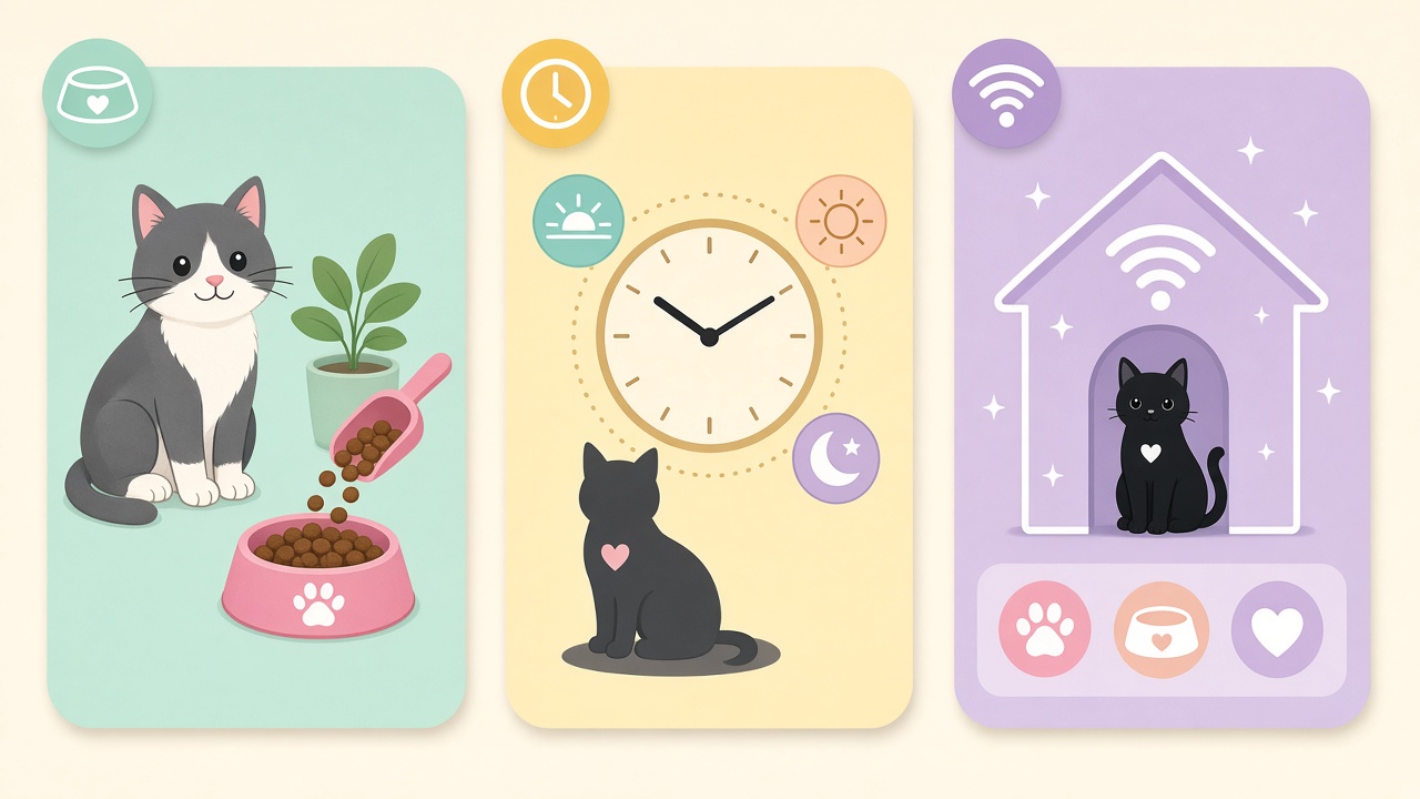 Three illustrated cards showing portion control, a feeding schedule, and Wi-Fi app monitoring for an automatic pet feeder.