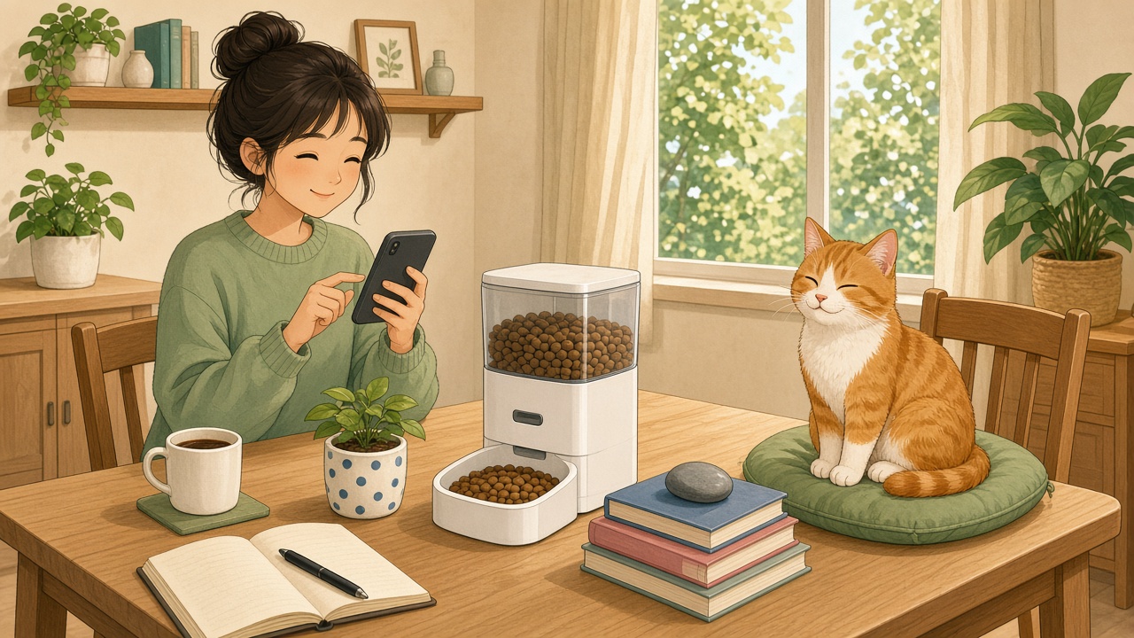 Cartoon of a pet owner scheduling an automatic dry feeder from a phone while a happy cat waits beside a hopper of kibble.