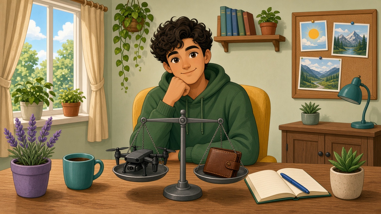 Cartoon of a person weighing a small camera drone against a wallet on a desk scale while deciding if the purchase is worth it.